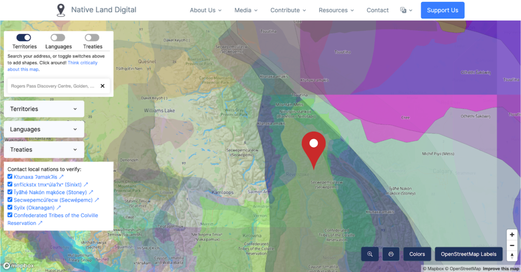 A screenshot of a map from Native Land Digital showing the Indigenous territory that Glacier National Park falls within.