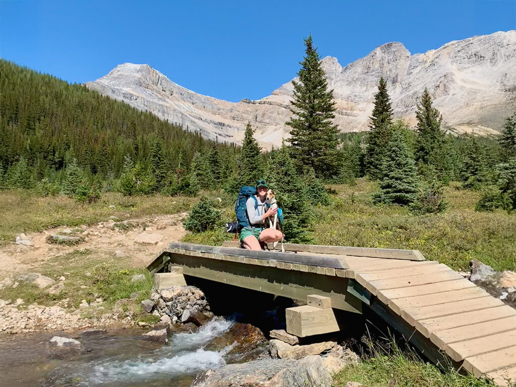 A woman and her dog pose on a wooden bridge crossing a running stream in the mountains