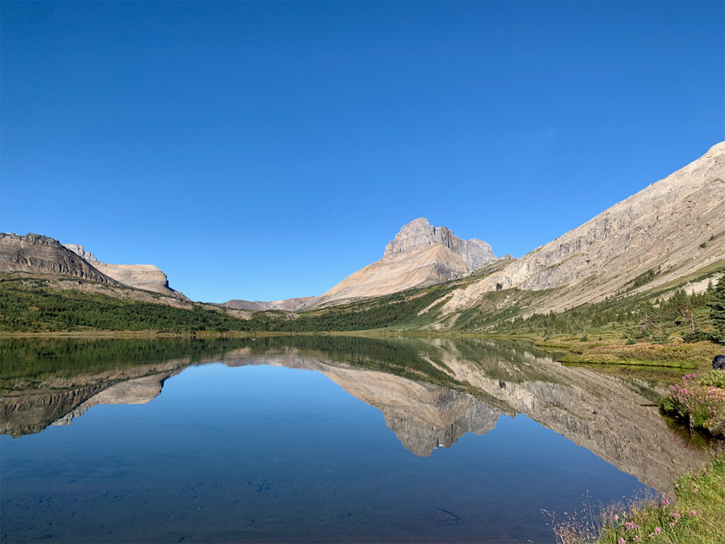 Views of Baker Lake from Baker Lake Campground on Skoki Loop during a Banff hiking trips