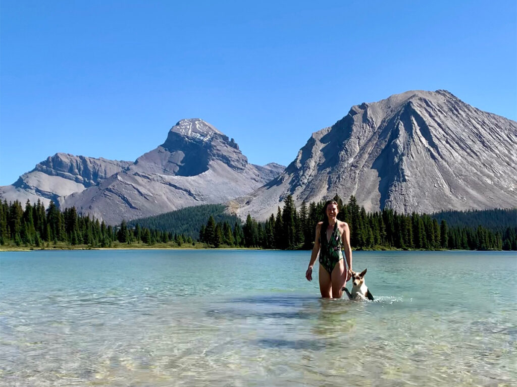 swim break on the Skoki Loop hike during a Banff hiking trips
